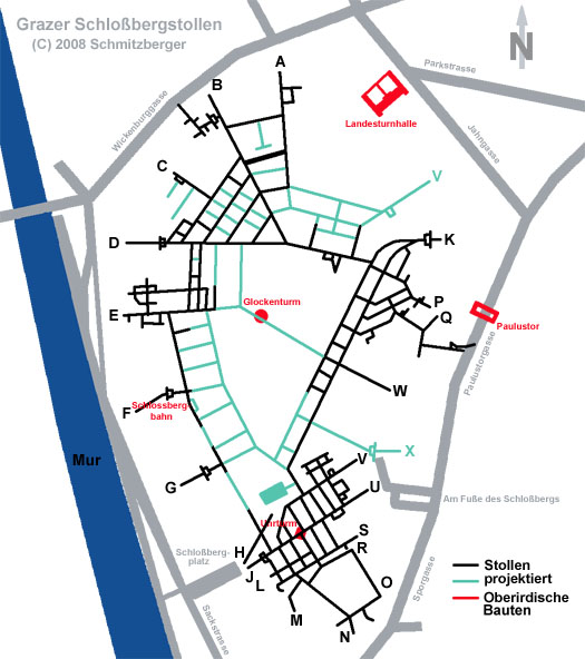 Gesamtplan der Stollenanlagen im Grazer Schlossberg