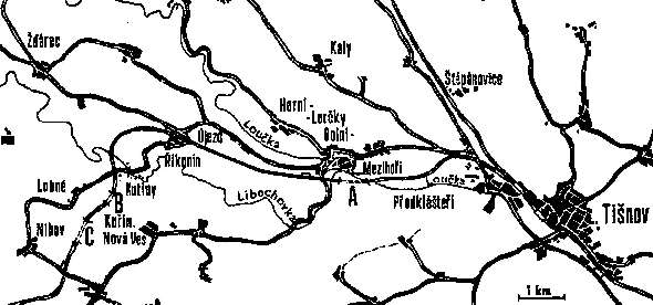 Landkarte der Gegend von Tischnowitz. Die Tunnels Objekt 217 A, B und C sind mit den 
							entsprechenden Buchstaben gekennzeichnet