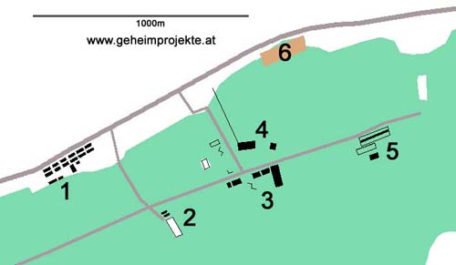 Rekonstruktion der Anlagen auf Grundlage einer Luftaufnahme von 1944 und der vorhandenen Ruinen